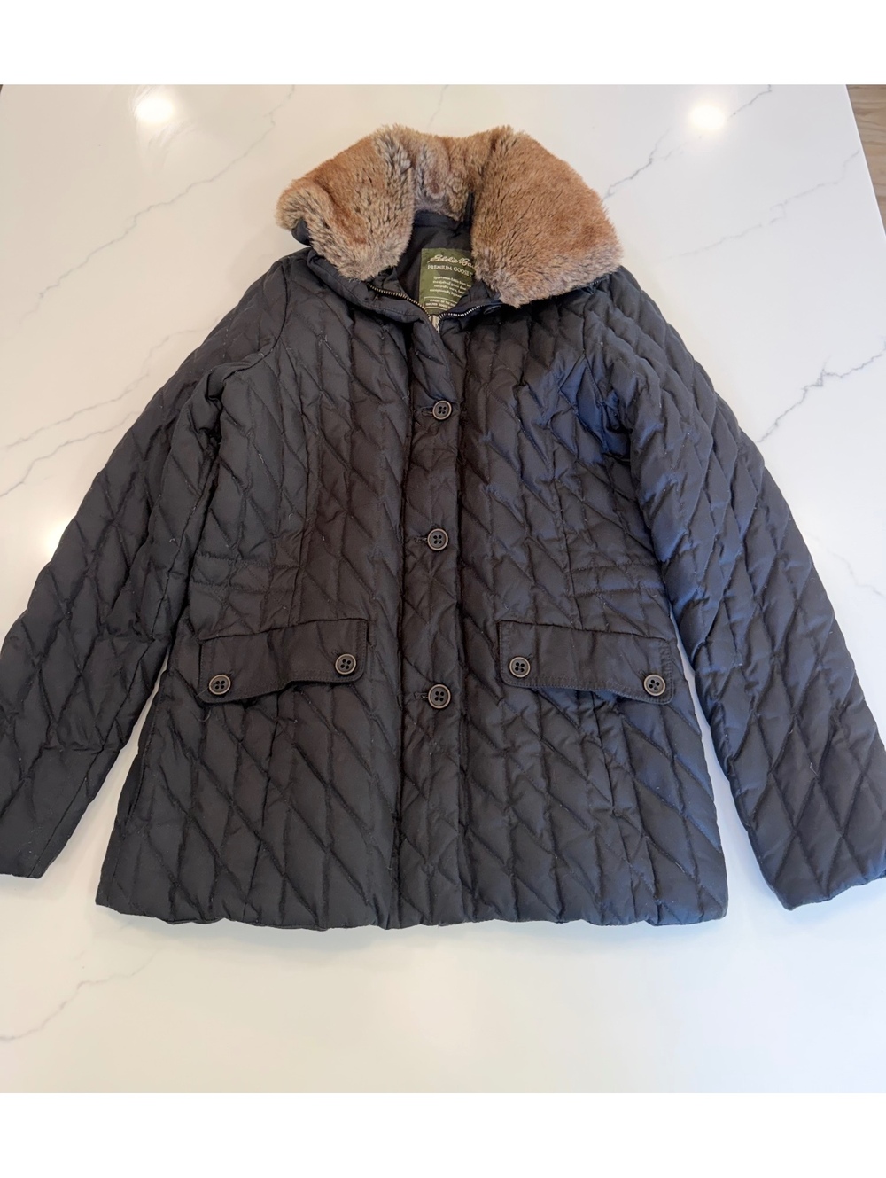 Eddie Bauer Premium Goose Down Quiltd Black Small Jacket Removable Faux Fur Neck